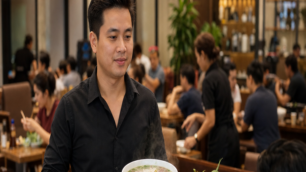 Nhân viên phục vụ bưng món ăn tại nhà hàng