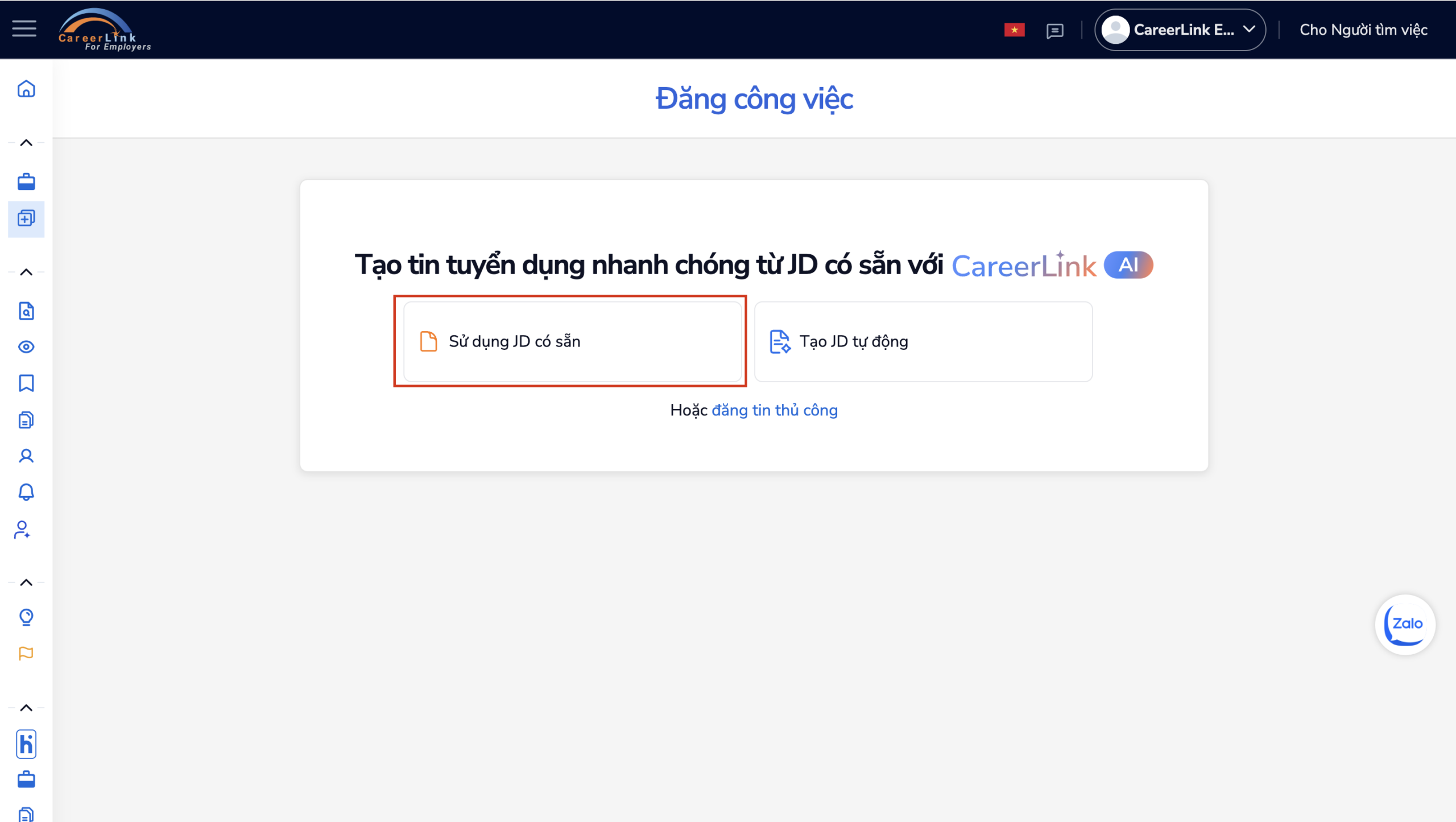 Chọn Sử dụng JD có sẵn để tạo tin bằng Careerlink AI