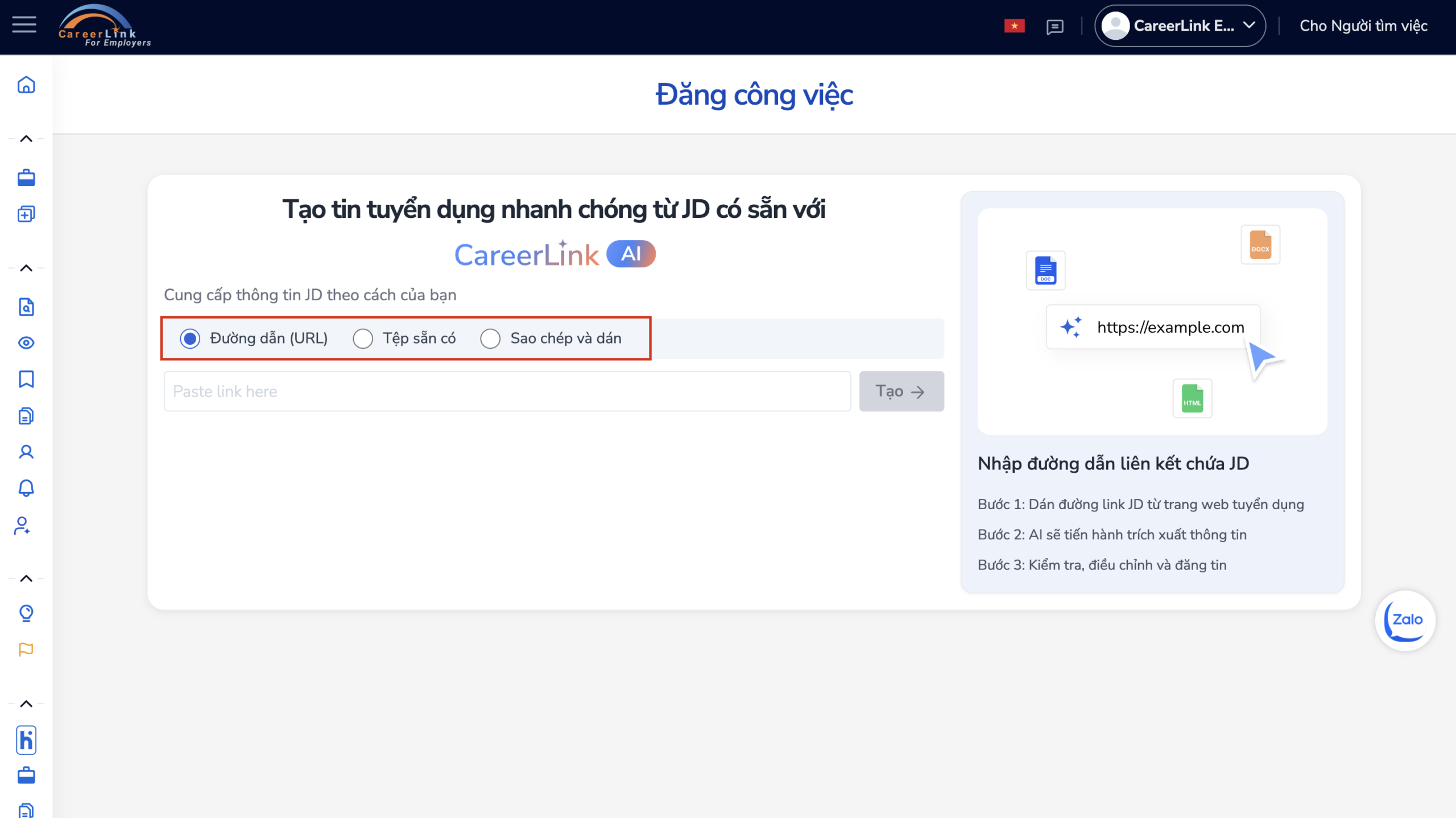 Ba cách cung cấp JD: đường link, tải file hoặc sao chép và dán