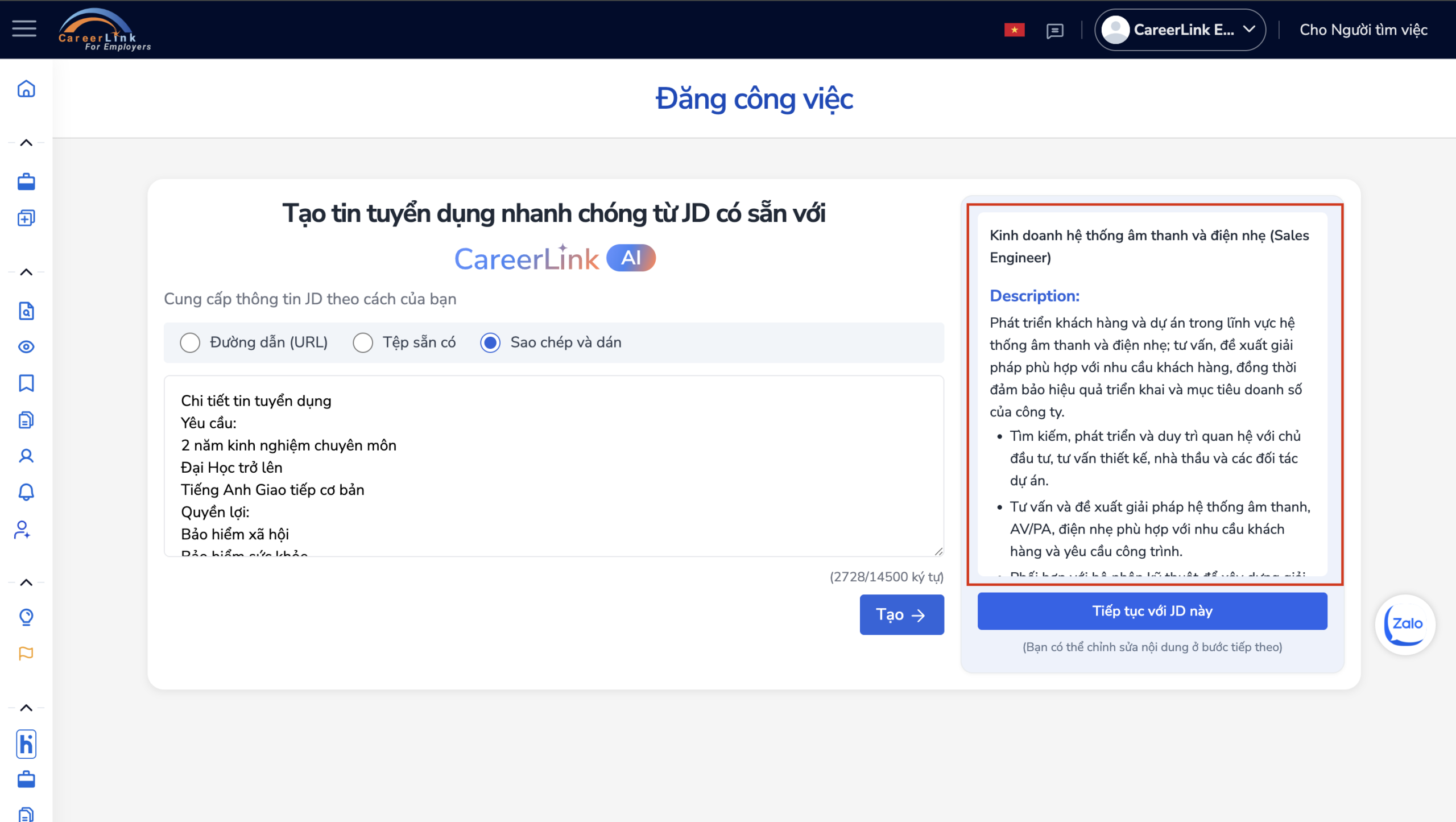 Bản xem trước tin tuyển dụng do Careerlink AI tạo