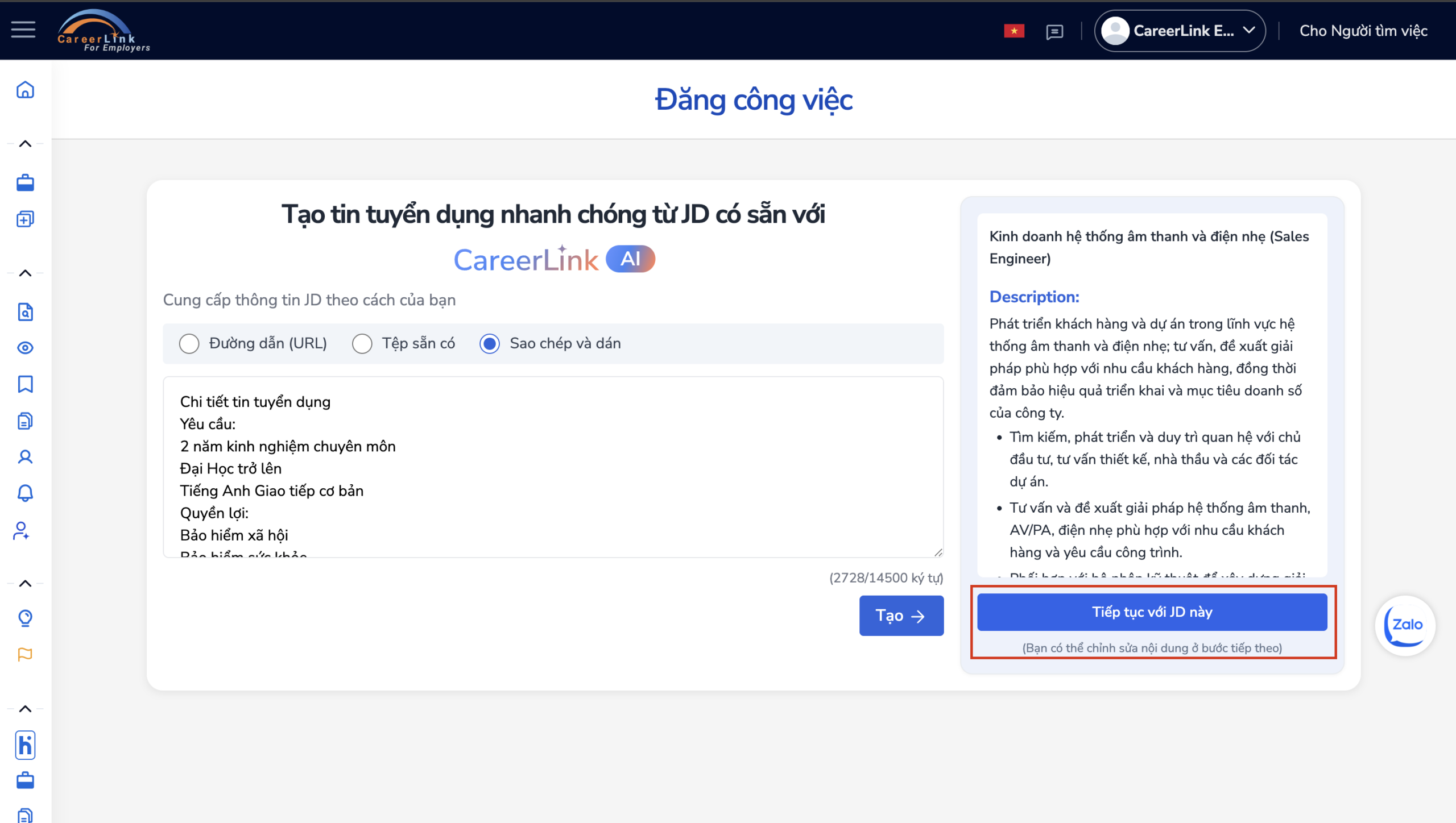 Nhấn Tiếp tục với JD này để tạo bản nháp tin tuyển dụng